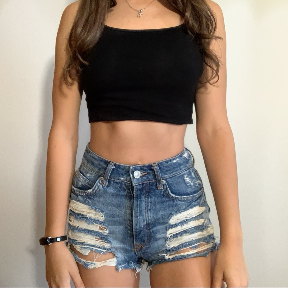 Bershka High-Rise Ripped Denim Shorts